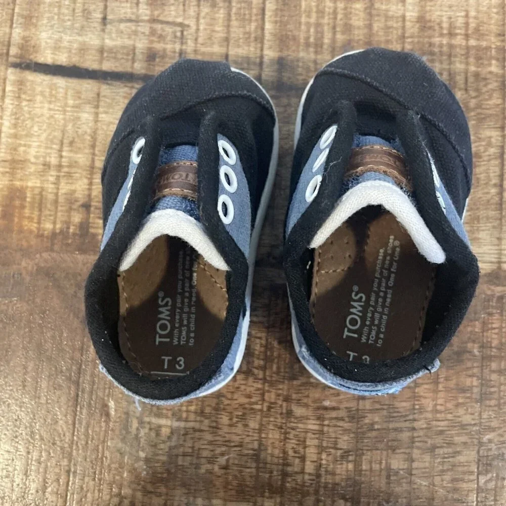 Toms Infant Baby T3 3 Black Blue Black Canvas Shoes Sneakers Toddler Slip On